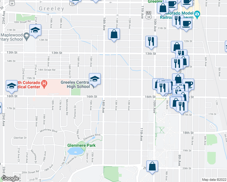 map of restaurants, bars, coffee shops, grocery stores, and more near 1533 13th Avenue in Greeley