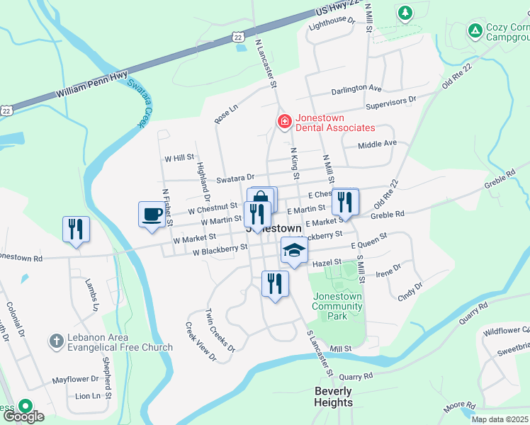 map of restaurants, bars, coffee shops, grocery stores, and more near 25 N Lancaster St in Jonestown