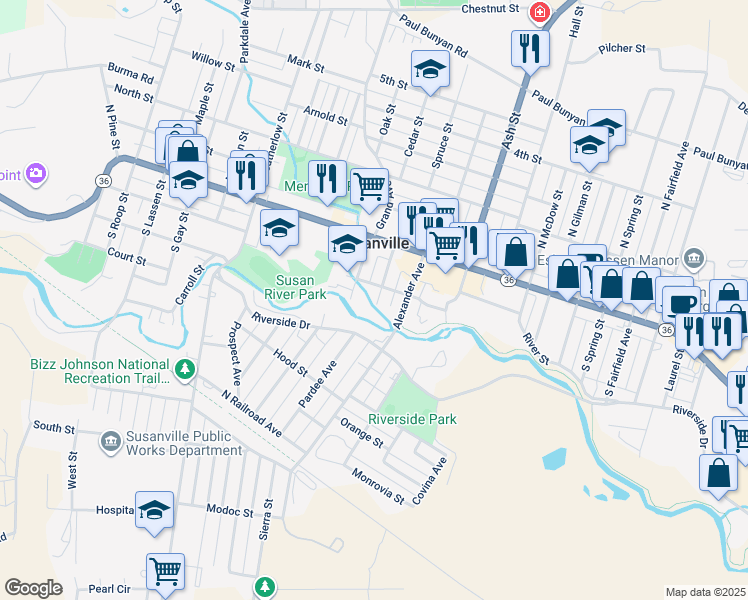 map of restaurants, bars, coffee shops, grocery stores, and more near 125 Small Street in Susanville