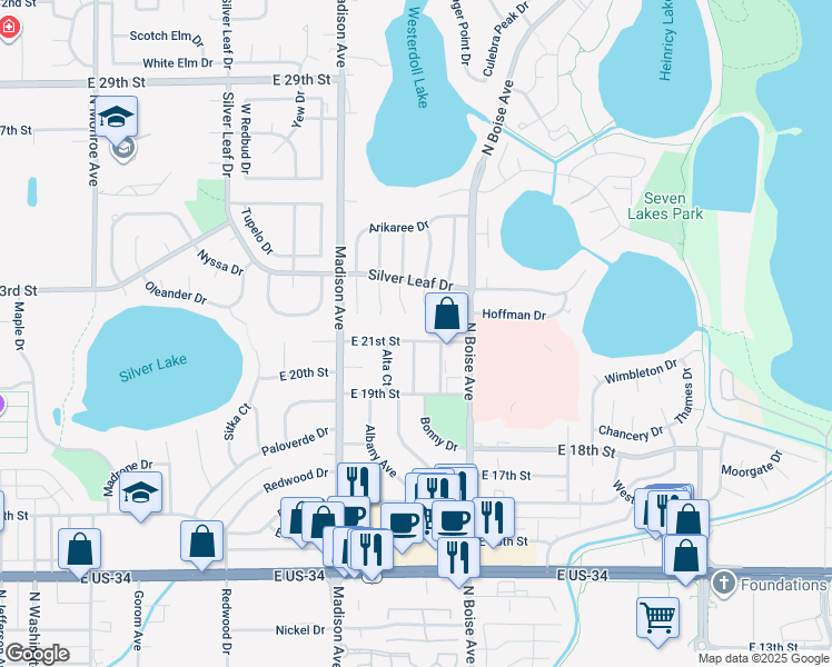 map of restaurants, bars, coffee shops, grocery stores, and more near 1443 East 21st Street in Loveland