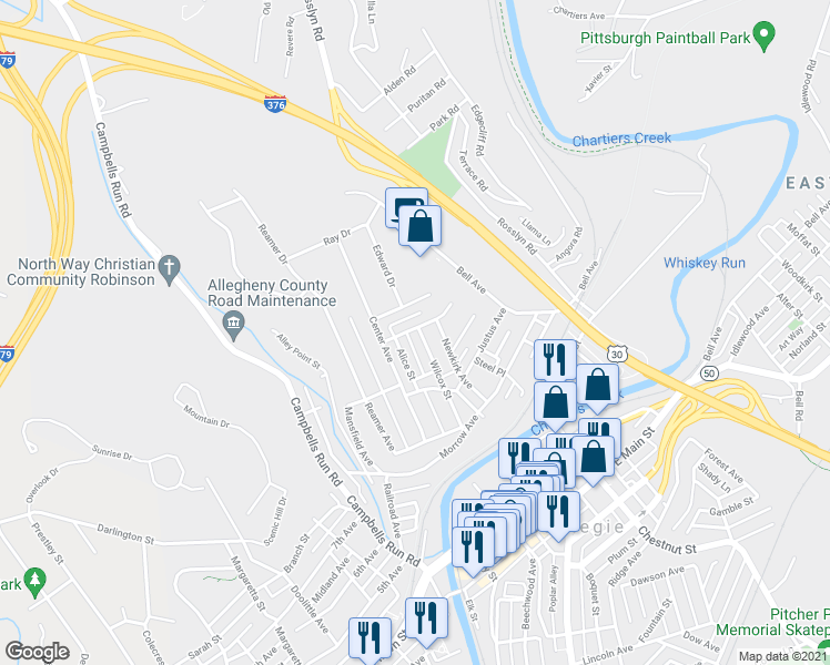 map of restaurants, bars, coffee shops, grocery stores, and more near 445 Wilcox Street in Carnegie
