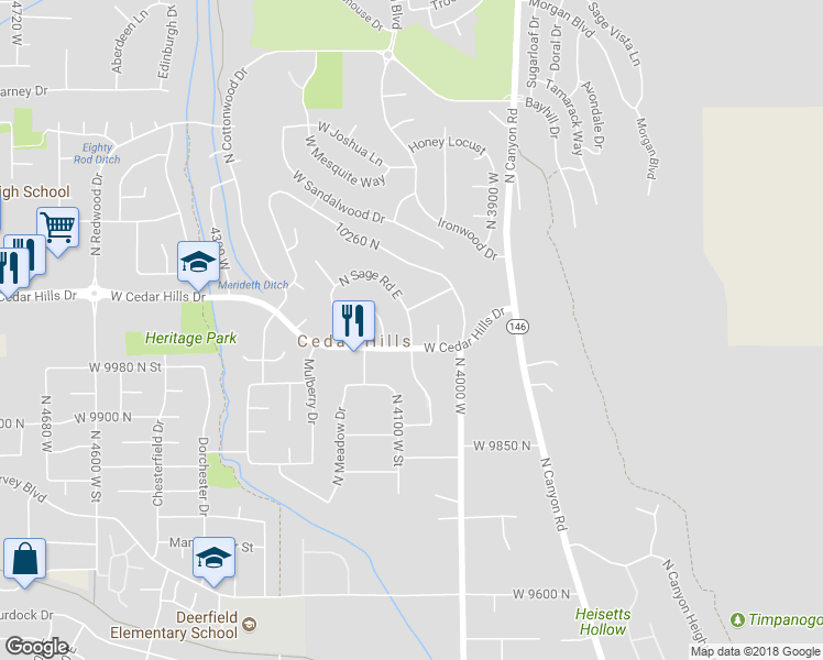 map of restaurants, bars, coffee shops, grocery stores, and more near 10060 Sage Road East in Cedar Hills