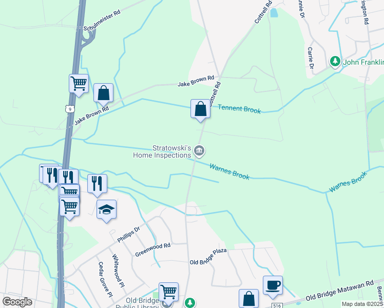 map of restaurants, bars, coffee shops, grocery stores, and more near 186 Cottrell Road in Matawan
