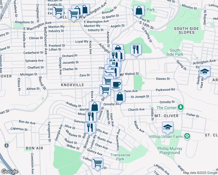 map of restaurants, bars, coffee shops, grocery stores, and more near in Mount Oliver