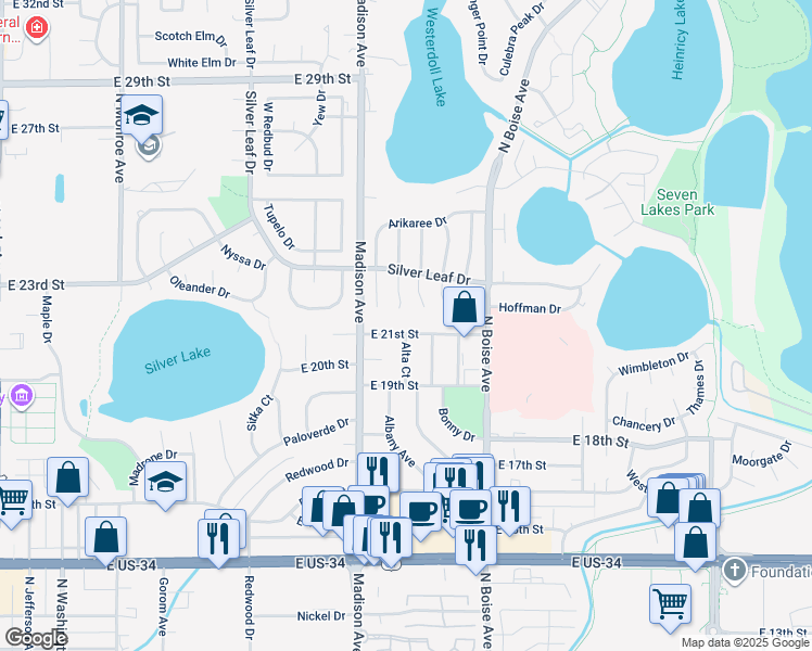 map of restaurants, bars, coffee shops, grocery stores, and more near 1407 East 21st Street in Loveland