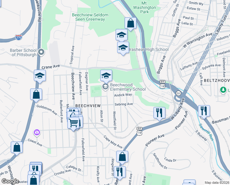 map of restaurants, bars, coffee shops, grocery stores, and more near 1251 Westfield Street in Pittsburgh