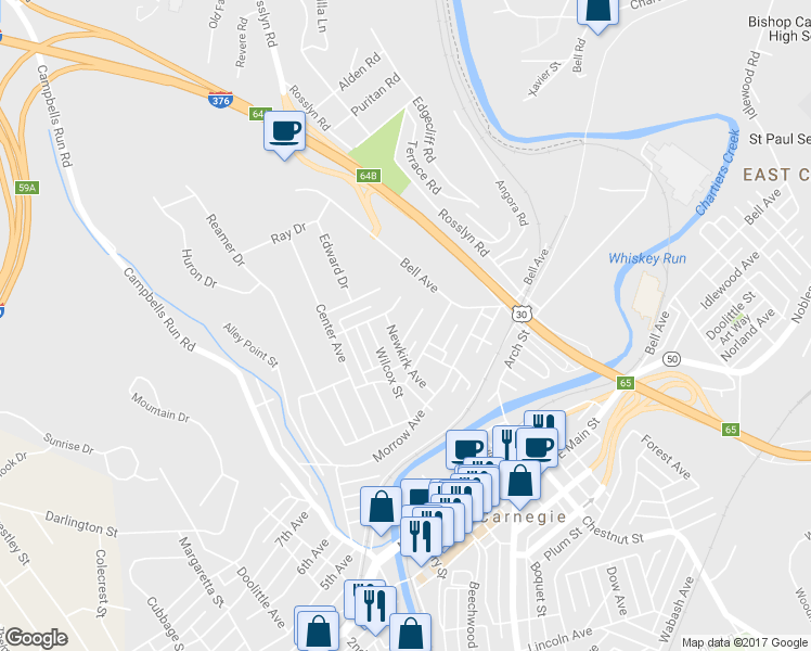 map of restaurants, bars, coffee shops, grocery stores, and more near 515 Maryland Avenue in Carnegie