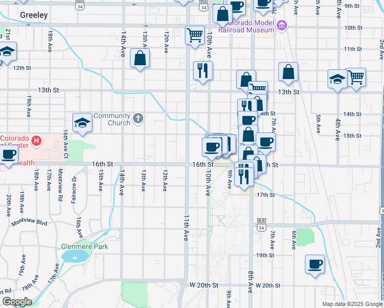 map of restaurants, bars, coffee shops, grocery stores, and more near 1534 11th Avenue in Greeley