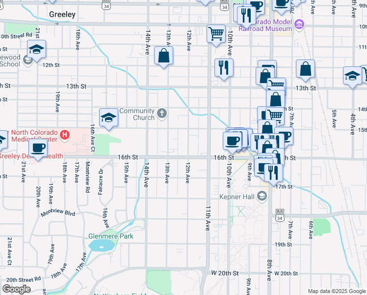 map of restaurants, bars, coffee shops, grocery stores, and more near 1533 12th Avenue in Greeley