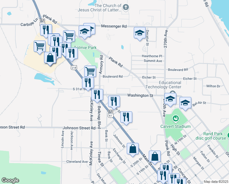 map of restaurants, bars, coffee shops, grocery stores, and more near 152 Washington Street in Keokuk