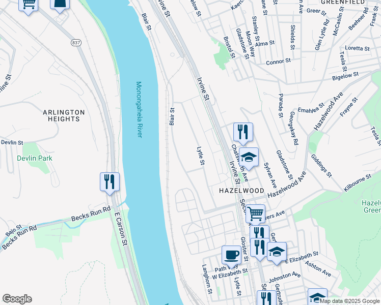 map of restaurants, bars, coffee shops, grocery stores, and more near 4650 Second Avenue in Pittsburgh