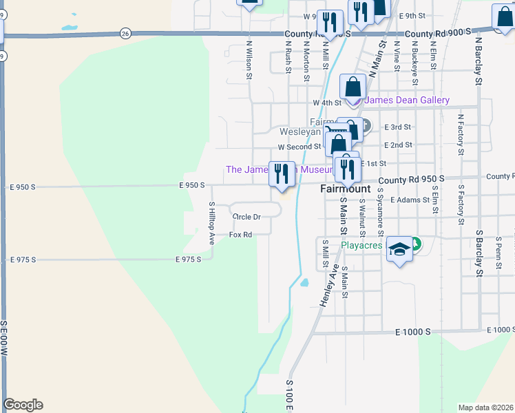 map of restaurants, bars, coffee shops, grocery stores, and more near 556 Circle Drive in Fairmount