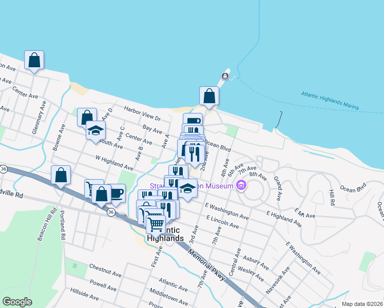 map of restaurants, bars, coffee shops, grocery stores, and more near 20 Center Avenue in Atlantic Highlands