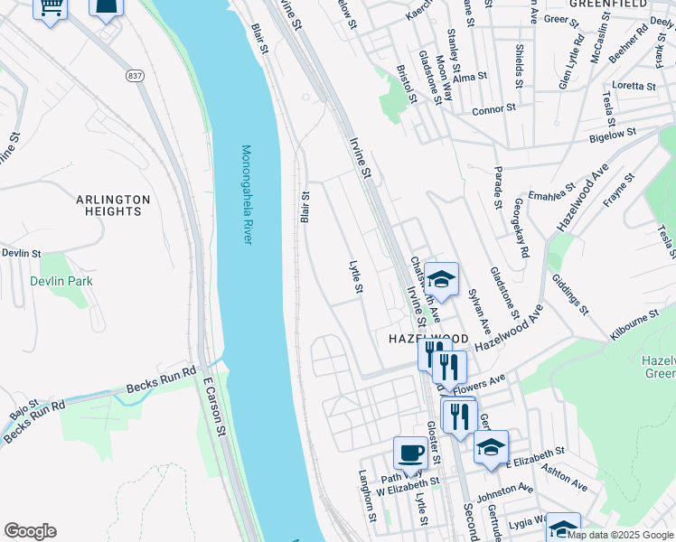 map of restaurants, bars, coffee shops, grocery stores, and more near 4650 Second Avenue in Pittsburgh