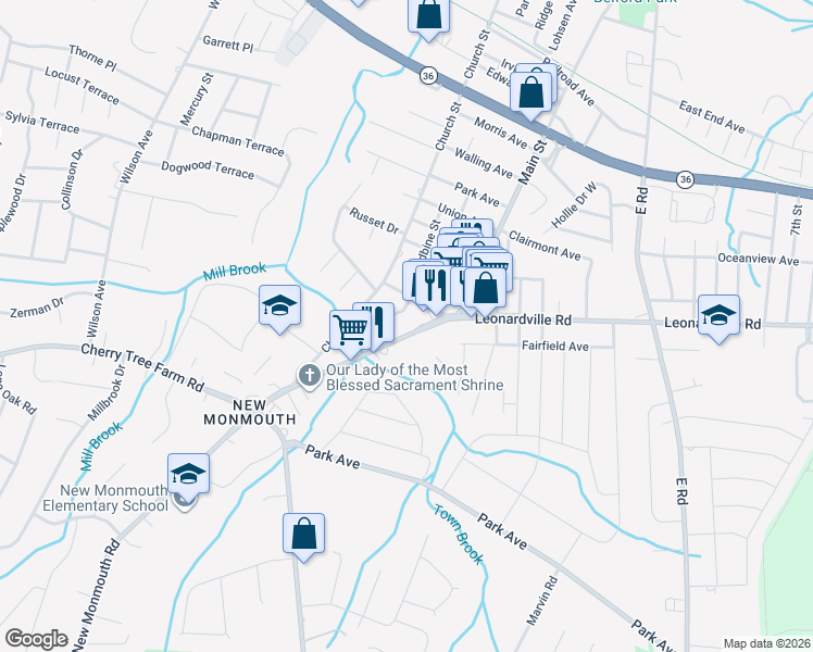 map of restaurants, bars, coffee shops, grocery stores, and more near 65 Leonardville Road in Middletown Township
