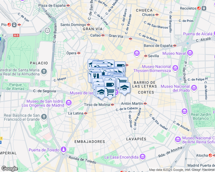 map of restaurants, bars, coffee shops, grocery stores, and more near 8 Calle de Atocha in Madrid