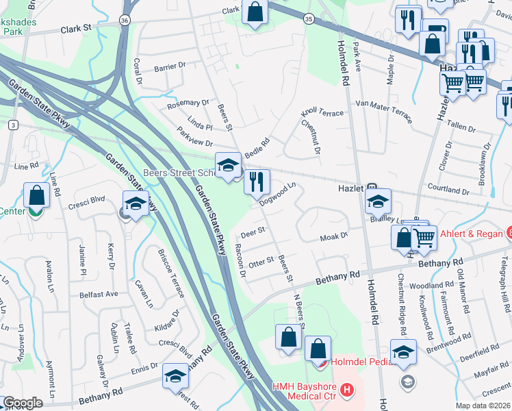 map of restaurants, bars, coffee shops, grocery stores, and more near 620 Beers Street in Hazlet