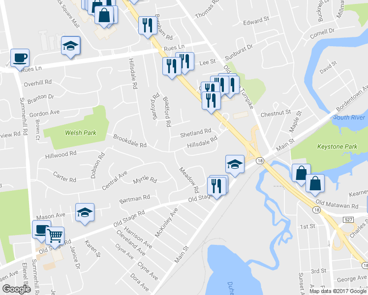 map of restaurants, bars, coffee shops, grocery stores, and more near 37 Hillsdale Road in East Brunswick