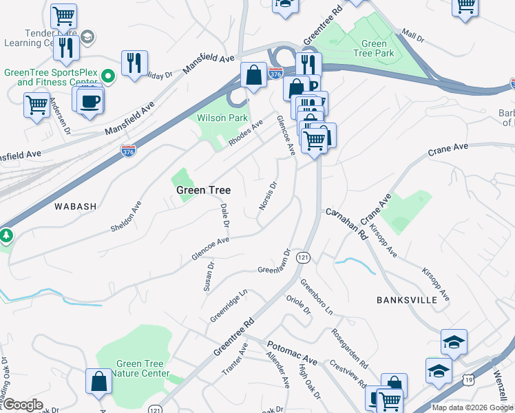 map of restaurants, bars, coffee shops, grocery stores, and more near 1054 Norsis Drive in Pittsburgh