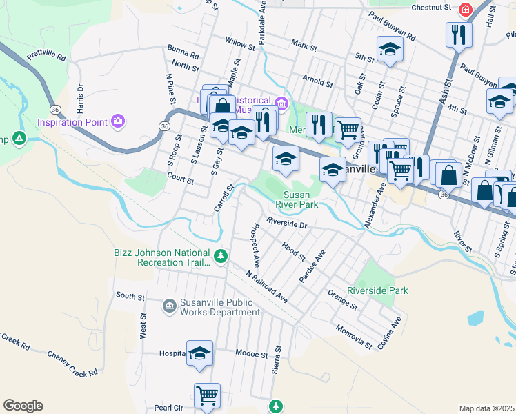 map of restaurants, bars, coffee shops, grocery stores, and more near 1144 Riverside Drive in Susanville