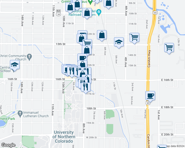 map of restaurants, bars, coffee shops, grocery stores, and more near 1527 7th Avenue in Greeley