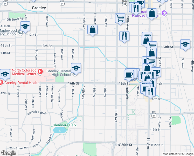 map of restaurants, bars, coffee shops, grocery stores, and more near 1530 13th Avenue in Greeley