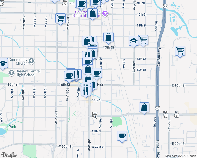 map of restaurants, bars, coffee shops, grocery stores, and more near 1527 7th Avenue in Greeley