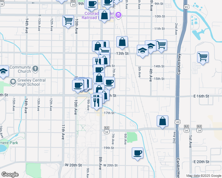 map of restaurants, bars, coffee shops, grocery stores, and more near 1527 7th Avenue in Greeley