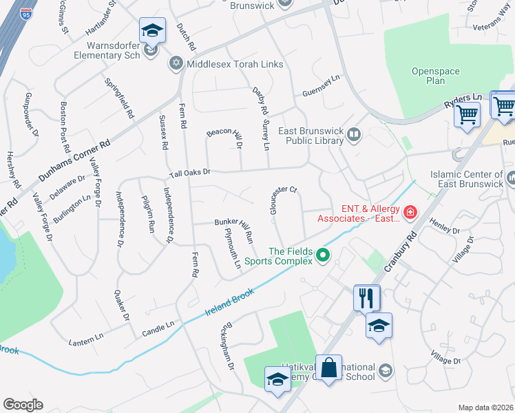 map of restaurants, bars, coffee shops, grocery stores, and more near 20 Sagamore Lane in East Brunswick