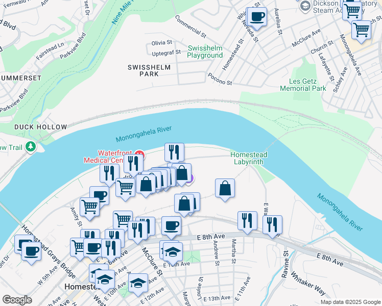 map of restaurants, bars, coffee shops, grocery stores, and more near 611 East Waterfront Drive in Munhall