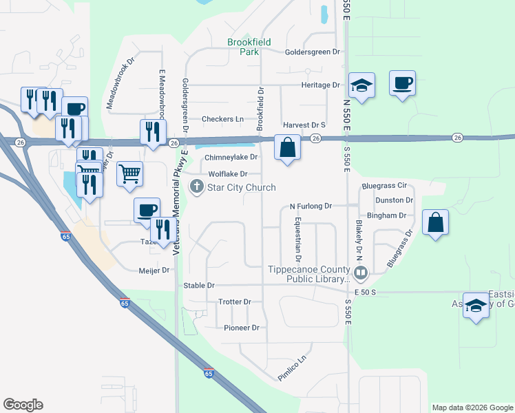 map of restaurants, bars, coffee shops, grocery stores, and more near 108 South Brookfield Drive in Lafayette