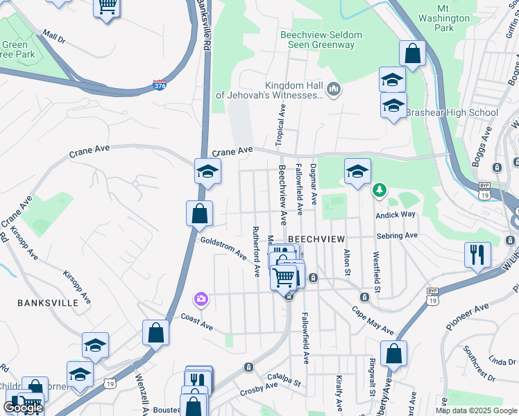 map of restaurants, bars, coffee shops, grocery stores, and more near 1341 Rutherford Avenue in Pittsburgh