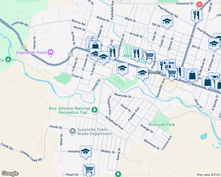 map of restaurants, bars, coffee shops, grocery stores, and more near 1144 Riverside Drive in Susanville