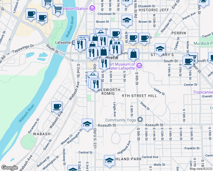 map of restaurants, bars, coffee shops, grocery stores, and more near 304 South 5th Street in Lafayette