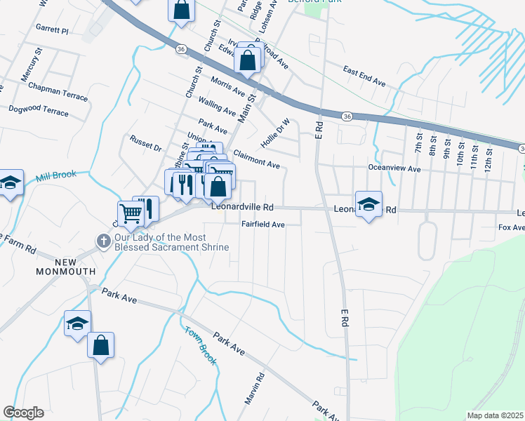 map of restaurants, bars, coffee shops, grocery stores, and more near 162 Leonardville Road in Belford