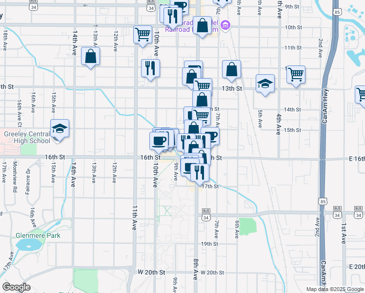 map of restaurants, bars, coffee shops, grocery stores, and more near 1528 9th Avenue in Greeley