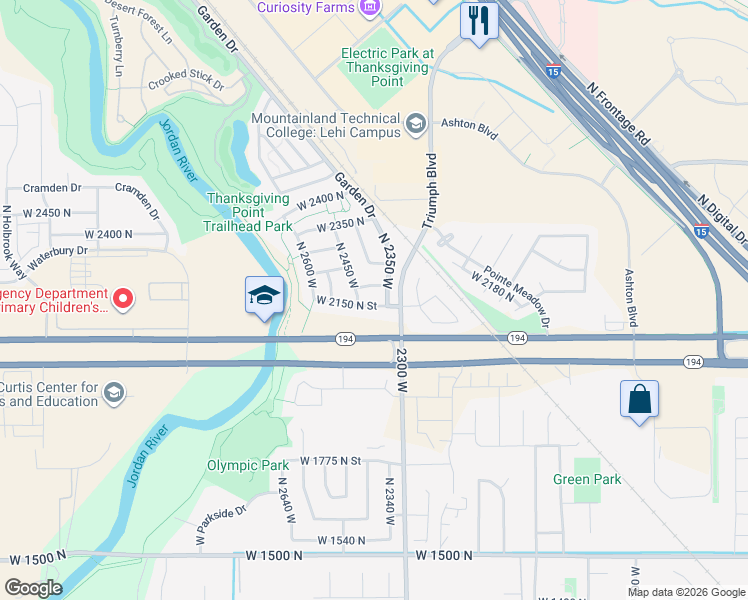 map of restaurants, bars, coffee shops, grocery stores, and more near 2396 West 2150 North Street in Lehi