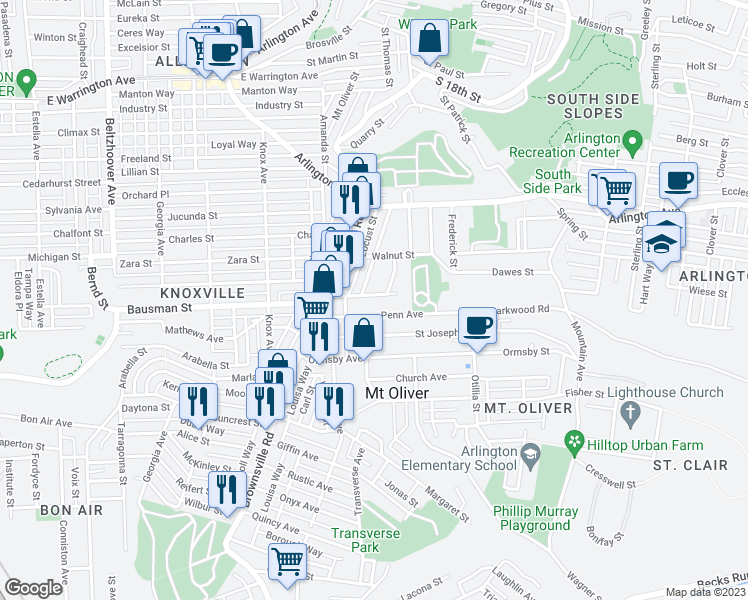 map of restaurants, bars, coffee shops, grocery stores, and more near 134 Sherman Avenue in Mount Oliver