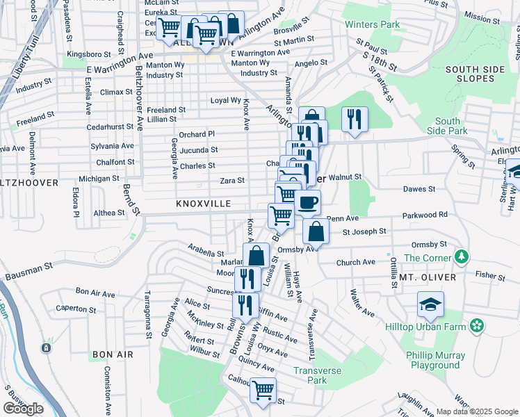 map of restaurants, bars, coffee shops, grocery stores, and more near 136 Knox Avenue in Pittsburgh