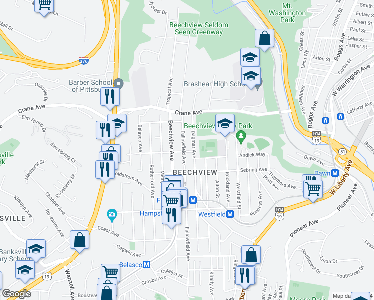 map of restaurants, bars, coffee shops, grocery stores, and more near 805 Bayonne Avenue in Pittsburgh