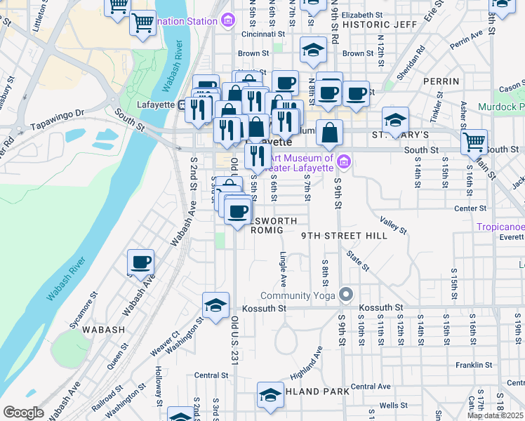 map of restaurants, bars, coffee shops, grocery stores, and more near 304 South 5th Street in Lafayette