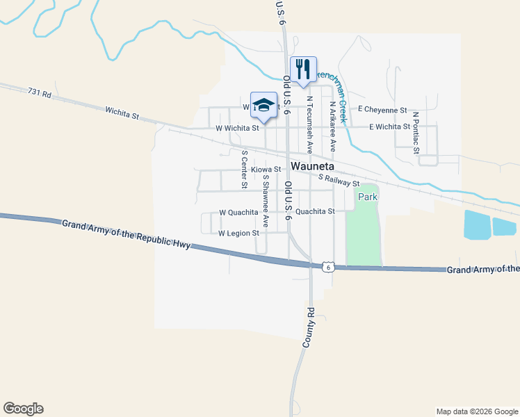 map of restaurants, bars, coffee shops, grocery stores, and more near 200-438 Quachita Street in Wauneta