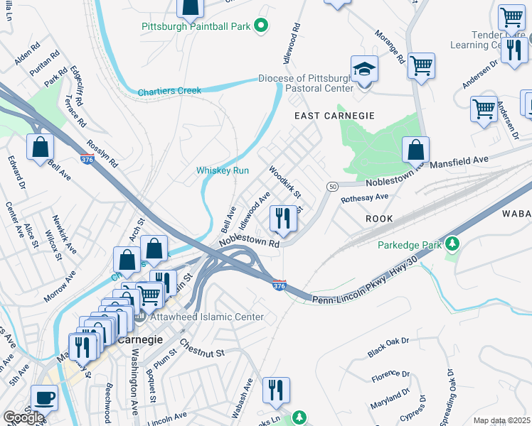 map of restaurants, bars, coffee shops, grocery stores, and more near 715 Doolittle Street in Carnegie