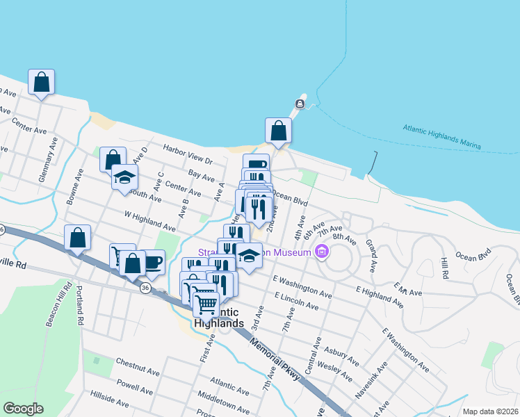 map of restaurants, bars, coffee shops, grocery stores, and more near 19 2nd Avenue in Atlantic Highlands