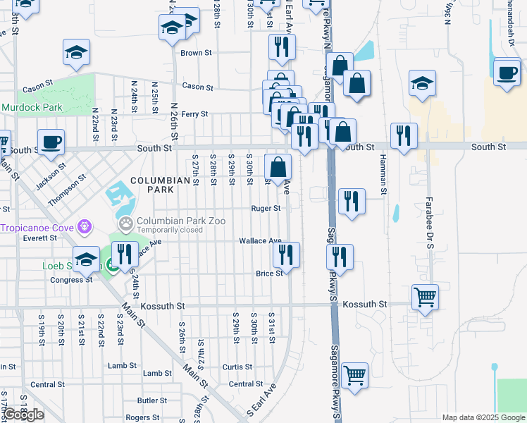 map of restaurants, bars, coffee shops, grocery stores, and more near 302 S 31st St in Lafayette