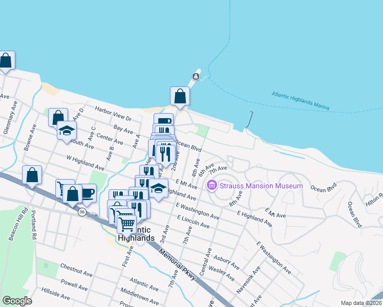 map of restaurants, bars, coffee shops, grocery stores, and more near 6 3rd Avenue in Atlantic Highlands