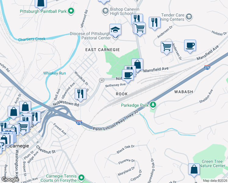 map of restaurants, bars, coffee shops, grocery stores, and more near 116 Brunswick Place in Carnegie