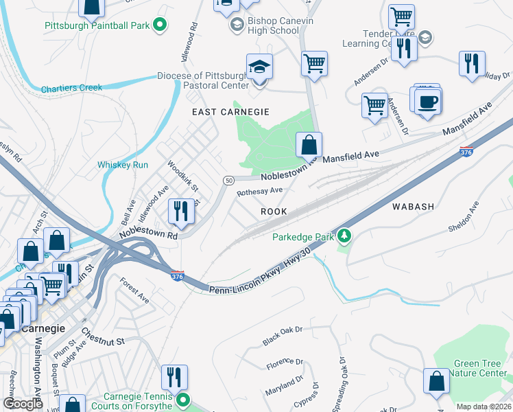 map of restaurants, bars, coffee shops, grocery stores, and more near 116 Brunswick Place in Carnegie