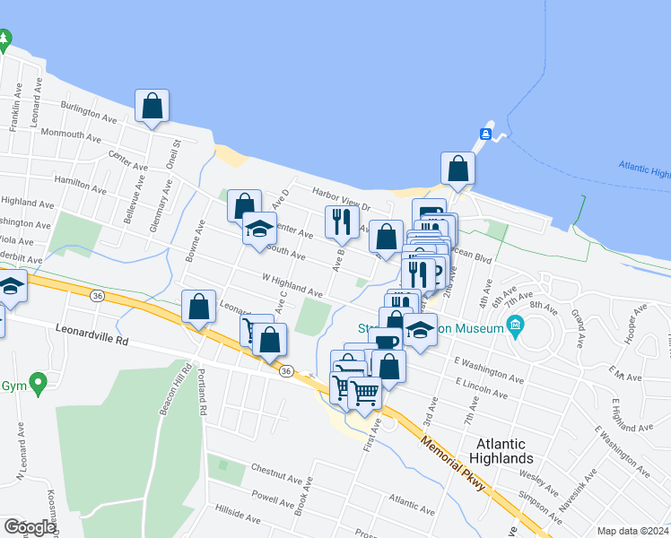 map of restaurants, bars, coffee shops, grocery stores, and more near 24 Avenue B in Atlantic Highlands