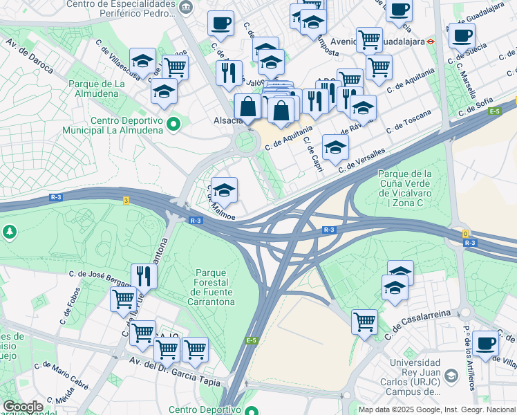 map of restaurants, bars, coffee shops, grocery stores, and more near 53 Calle Malmoe in Madrid